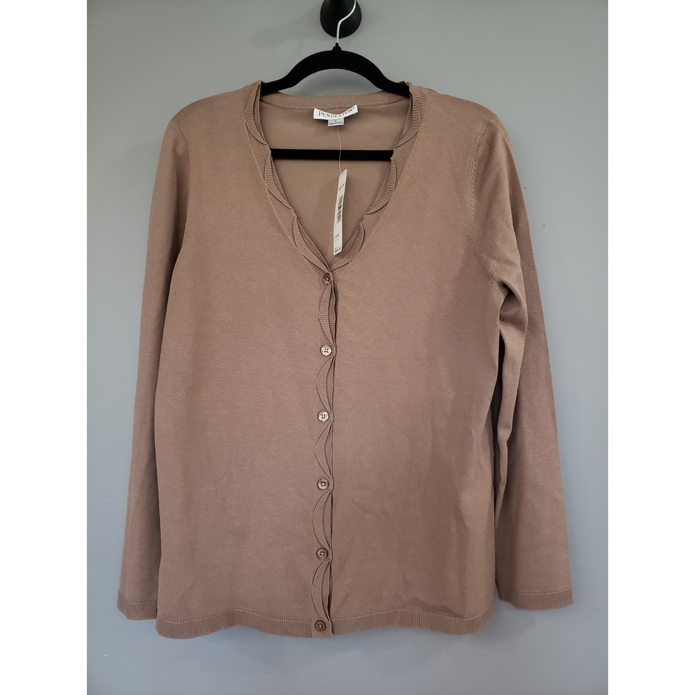 NEW $98 SILK BLEND LARGE PETITE brown tan button up long sleeve cardigan